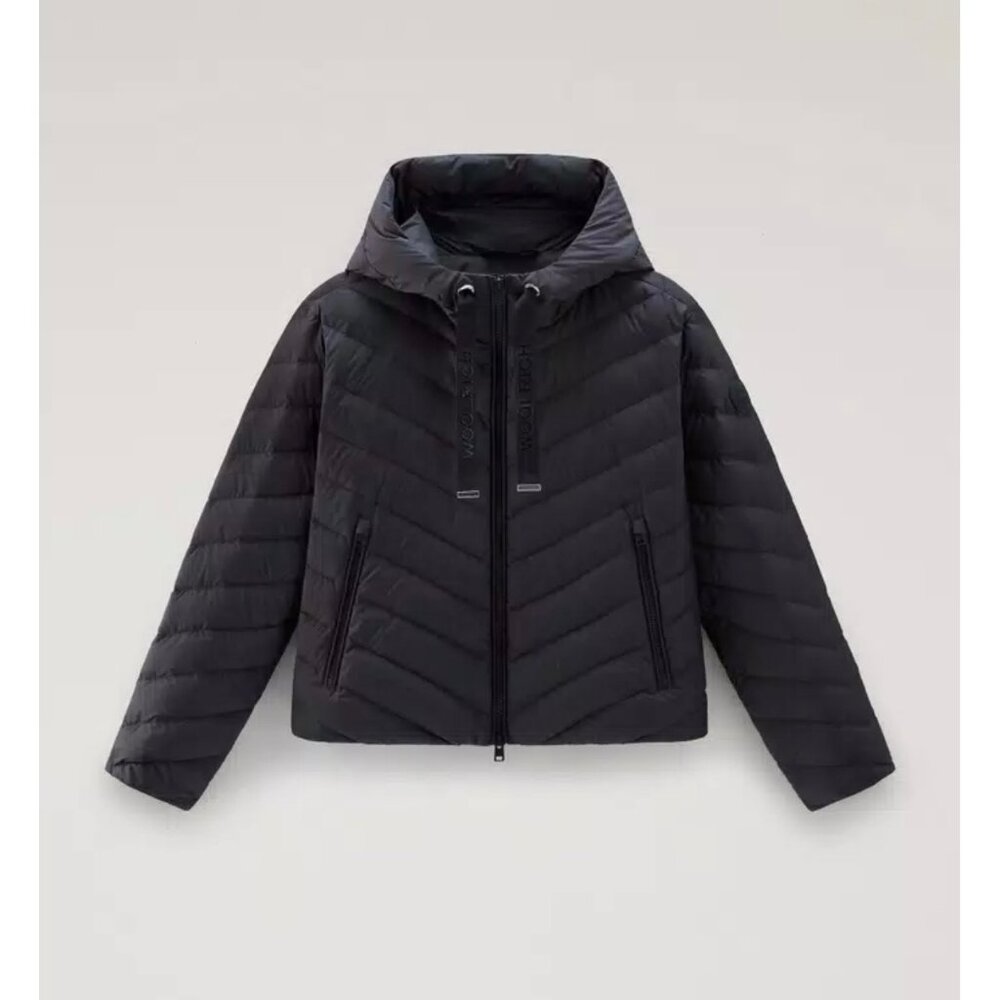 Woolrich Microfibre Jacket with Chevron Quilting and Hood —  Size S, Black
